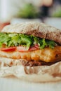 Fried fish Sandwich with lettuce, tomato with tartar sauce. author`s recipe street food Royalty Free Stock Photo